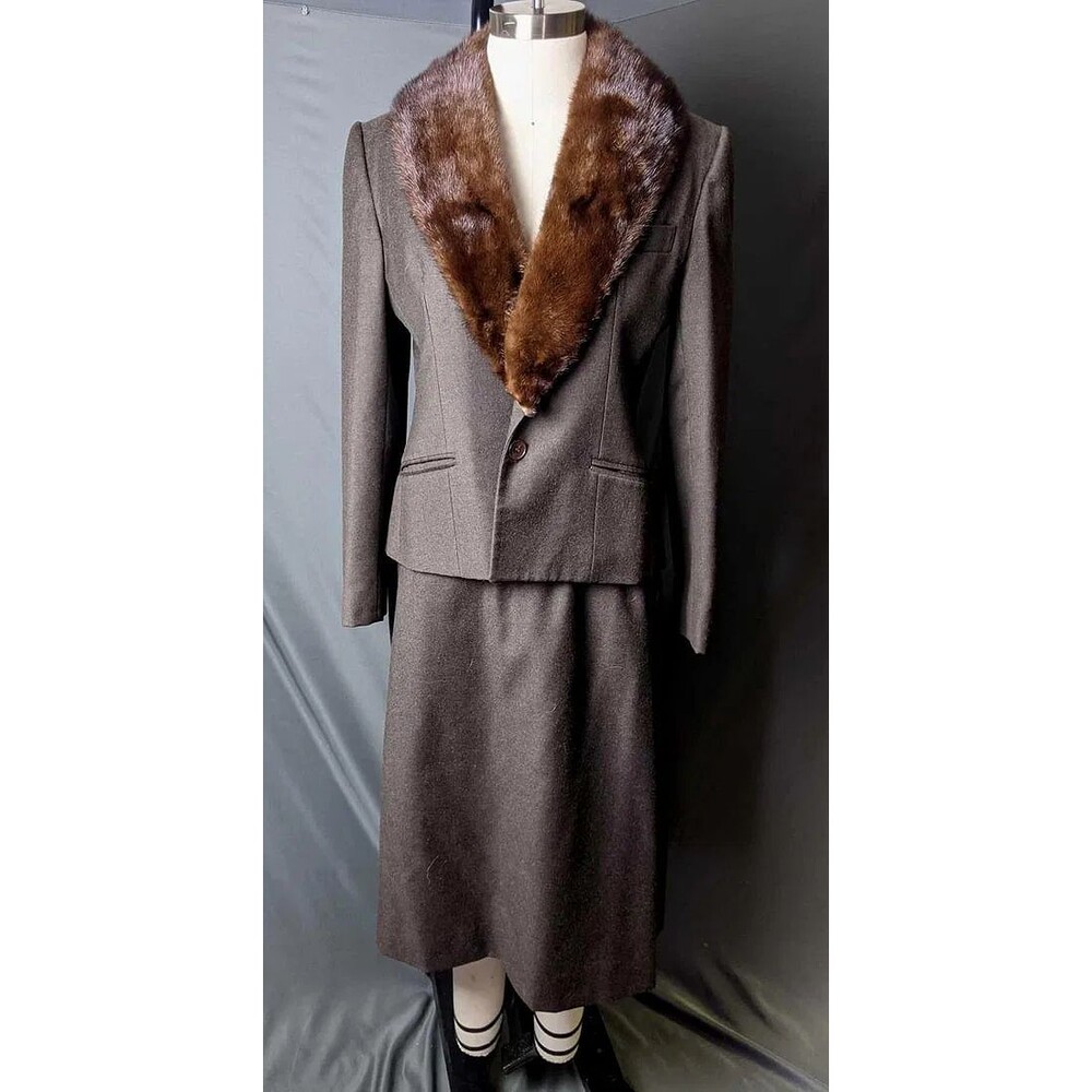 Rizik Bros Vtg Wool Suit Womens Fur Collar Skirt Set Brown Tailored Power Suit